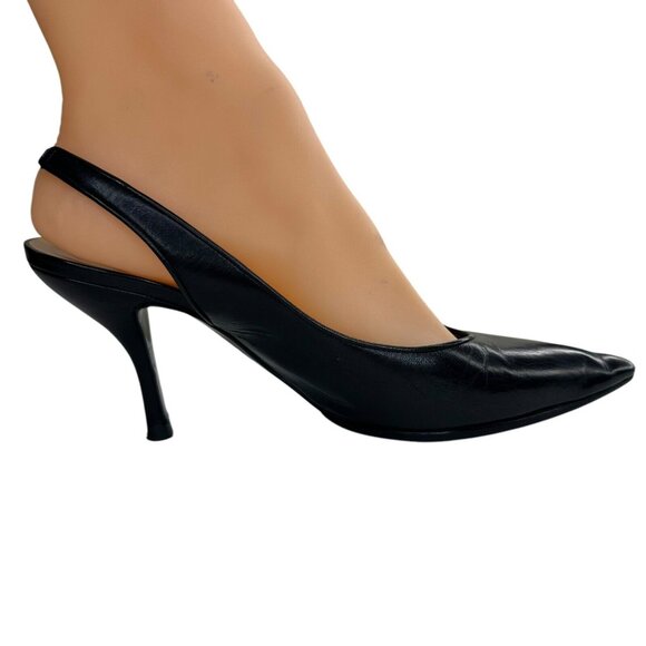 Chanel Shoes Slingback Heel Pumps Size 36/5.5 Black Leather Slip-On Pointed Toe - Picture 7 of 16